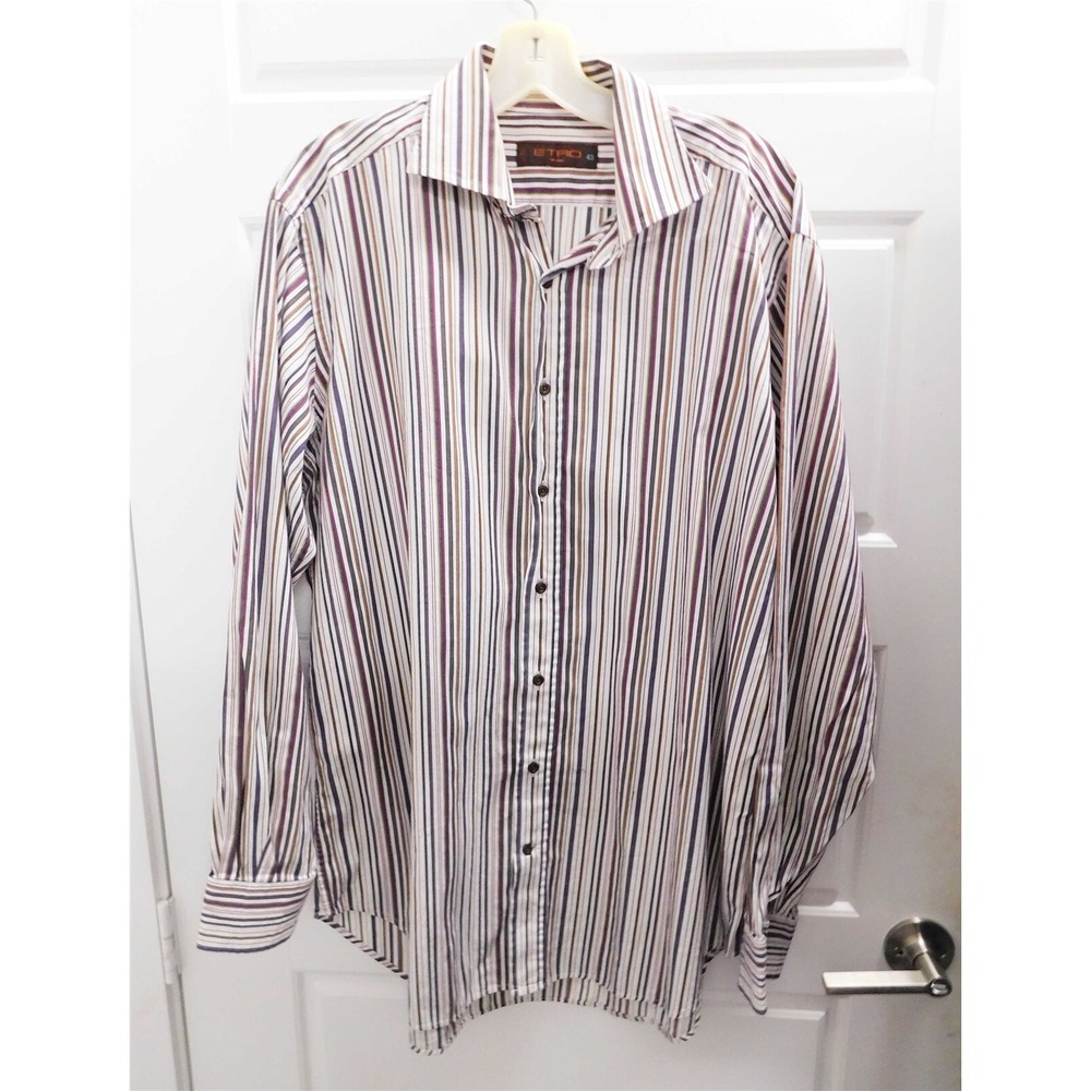 Etro Purple Green White Purple Striped Cotton Button Down‎ Shirt Sz 39